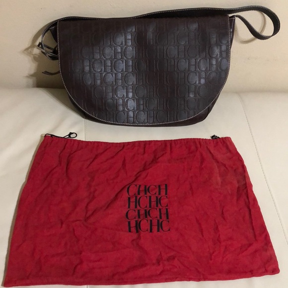 Carolina Herrera Handbags - Carolina Herrera CH Monogram Large Leather Messenger Shoulder Bag Brown